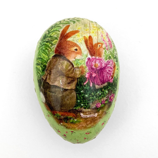 3-1/2" Green Holly Pond Hill Bunny Garden Swing Easter Egg Container ~ Germany